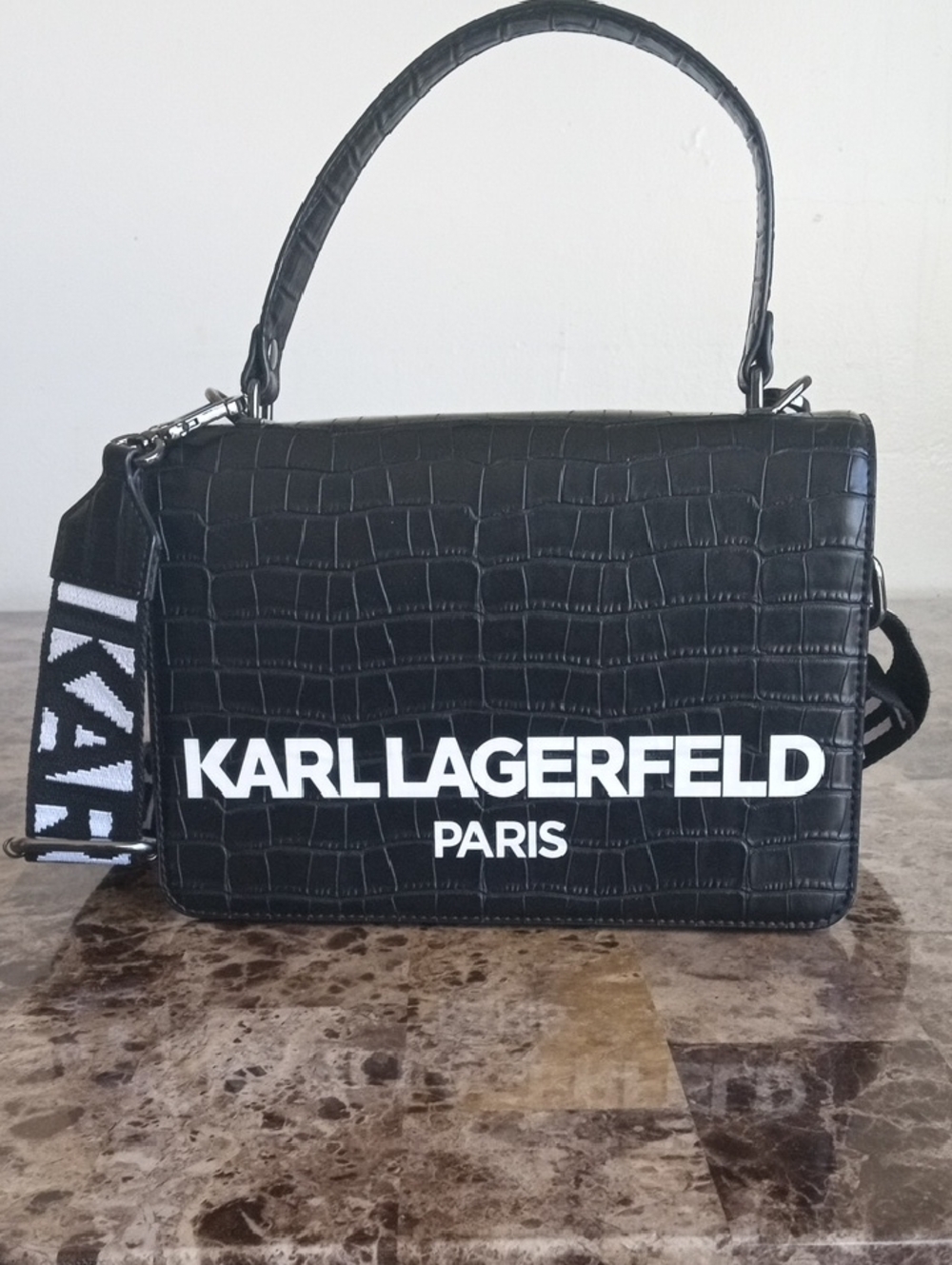 Karl Lagerfeld Black Croc-Embossed Logo Crossbody Bag with Branded Strap